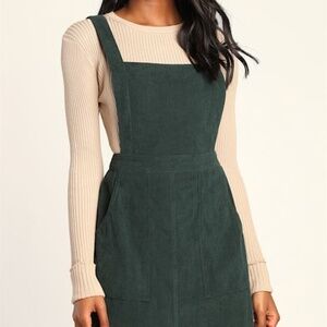 Lulus Embracing Autumn Emerald Green Corduroy Pinafore Mini Dress - Size M